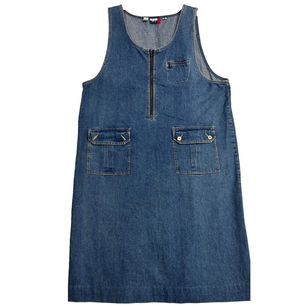 J.L. N.Y. Woman Denim Jumper Dress 2X Zip Front Pockets Sleeveless Cotton Blue
